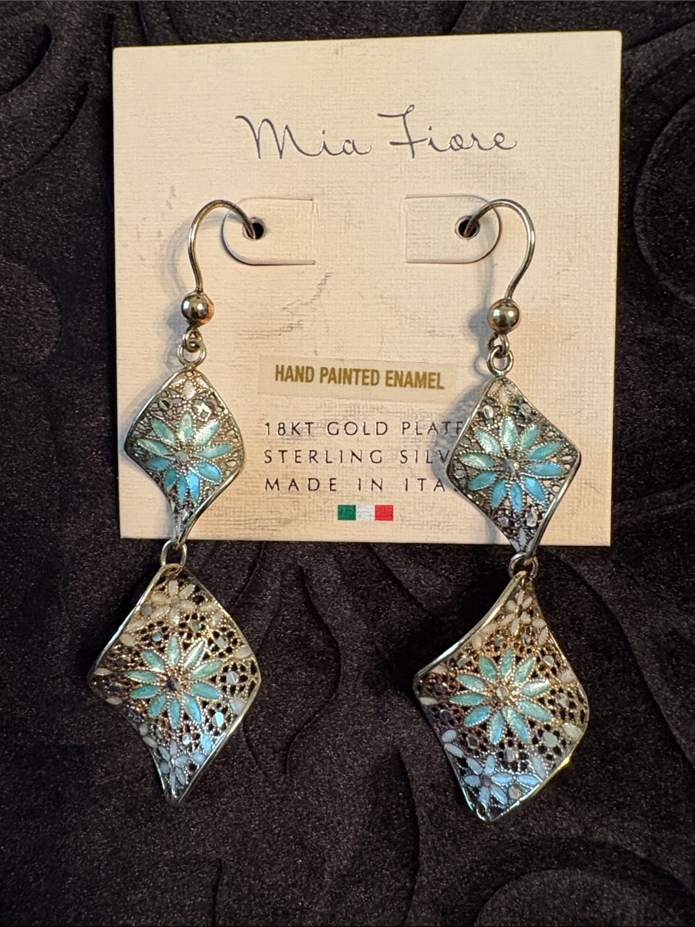 New Mia Fiore Turquoise Enamel Fleur Gold Plated Sterling Drop Earrings